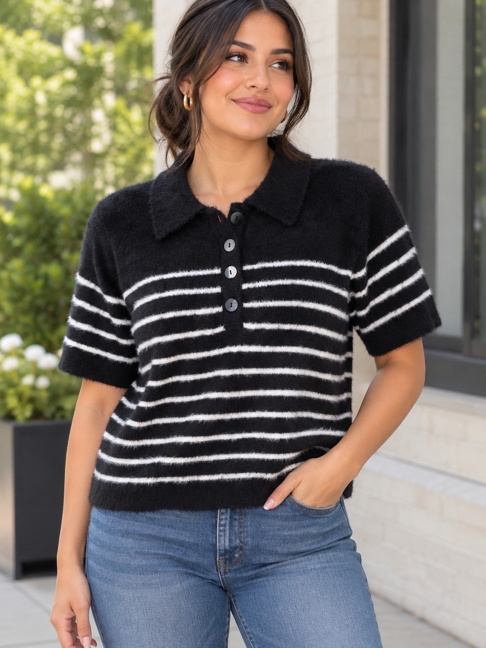 New Day Women's Short Sleeve Polo Collar Fuzzy T-Shirt